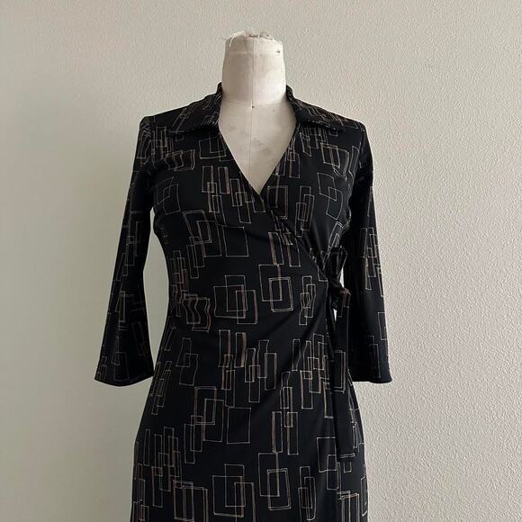 Vintage La Belle black gold retro abstract 3/4 sleeve wrap midi dress size S - Picture 2 of 10
